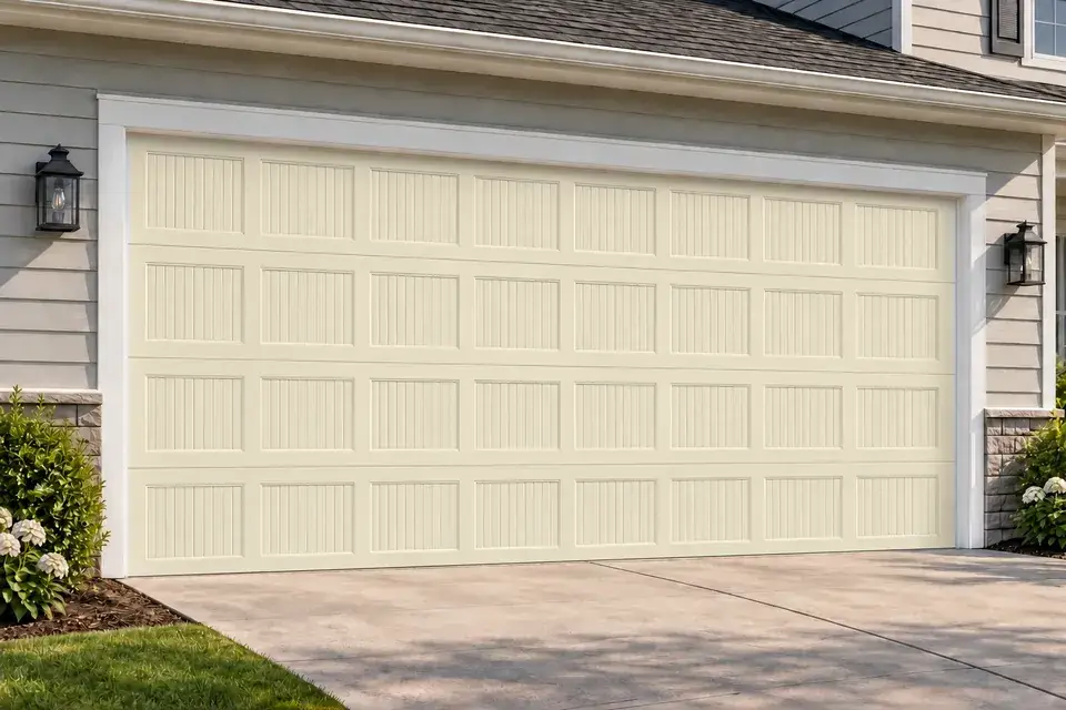 Beadboard short panel garage door in Almond