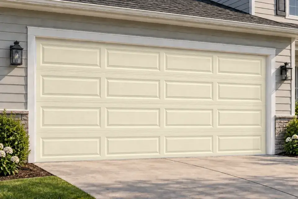 Raised long panel garage door in Almond