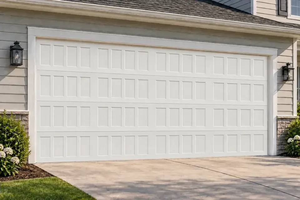 Recessed narrow panel garage door in White