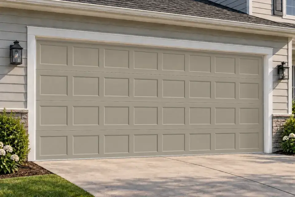 Recessed short panel garage door in Beige