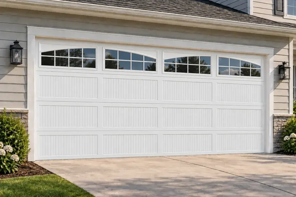 Garage door with arched grid-insert windows in White