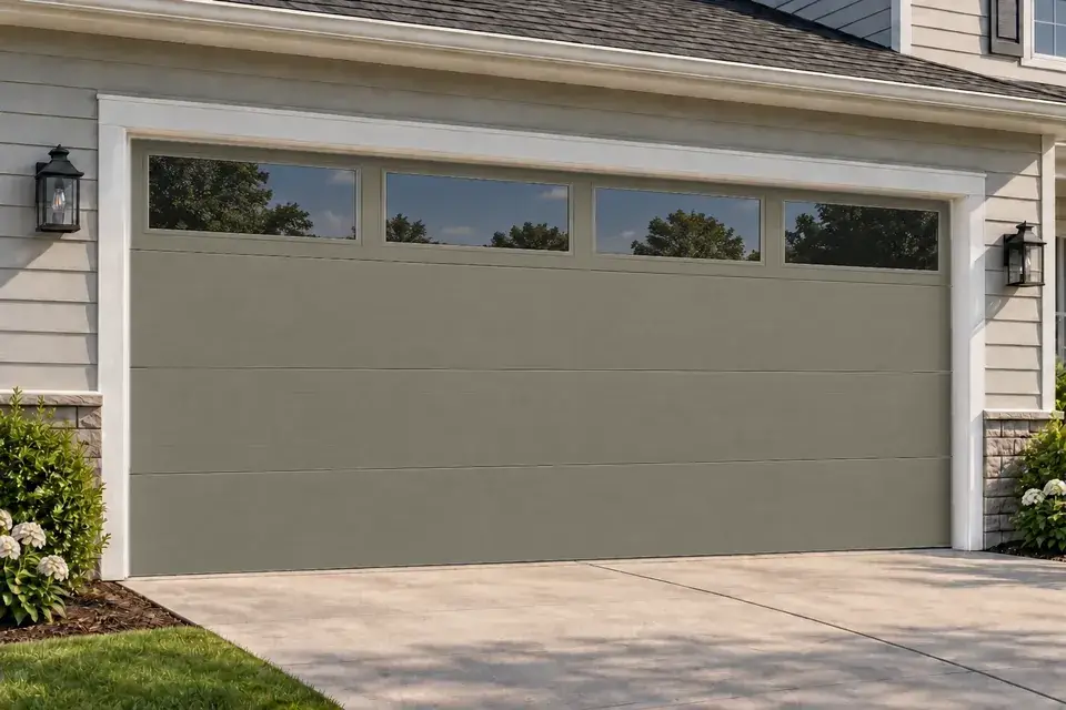 Flush garage door with long windows in Terrastone