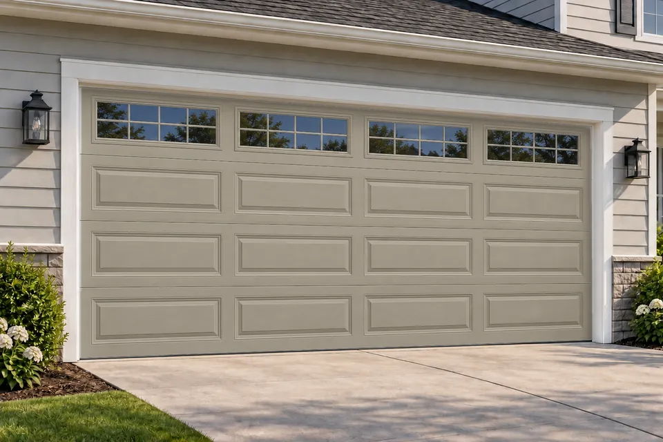 Garage door with long grid-insert windows in Beige