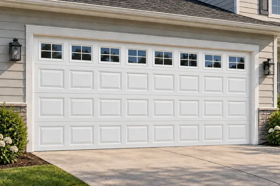Garage door with short grid-insert windows in White
