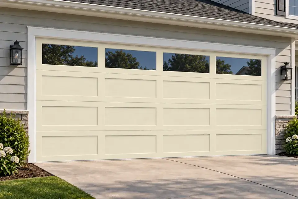 Garage door with long windows in Almond